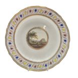 Late 18th century Derby plate painted with a centre landscape panel and titled to the base 'Edinburg