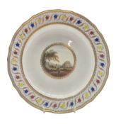 Late 18th century Derby plate painted with a centre landscape panel and titled to the base 'Edinburg