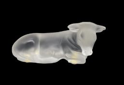 Lalique frosted glass model of a recumbent cow with engraved mark 'Lalique