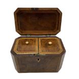 Early 19th century burr yew wood tea caddy of oblong form with canted corners and satinwood crossban