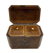 Early 19th century burr yew wood tea caddy of oblong form with canted corners and satinwood crossban