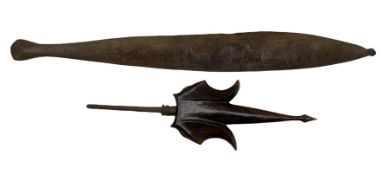 Australian Aboriginal spear thrower carved with kangaroo L82cm and a Malayan trident dagger with woo