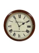 A mid-19th century wall clock with a 15" wooden bezel and 12" painted white dial with Roman numerals