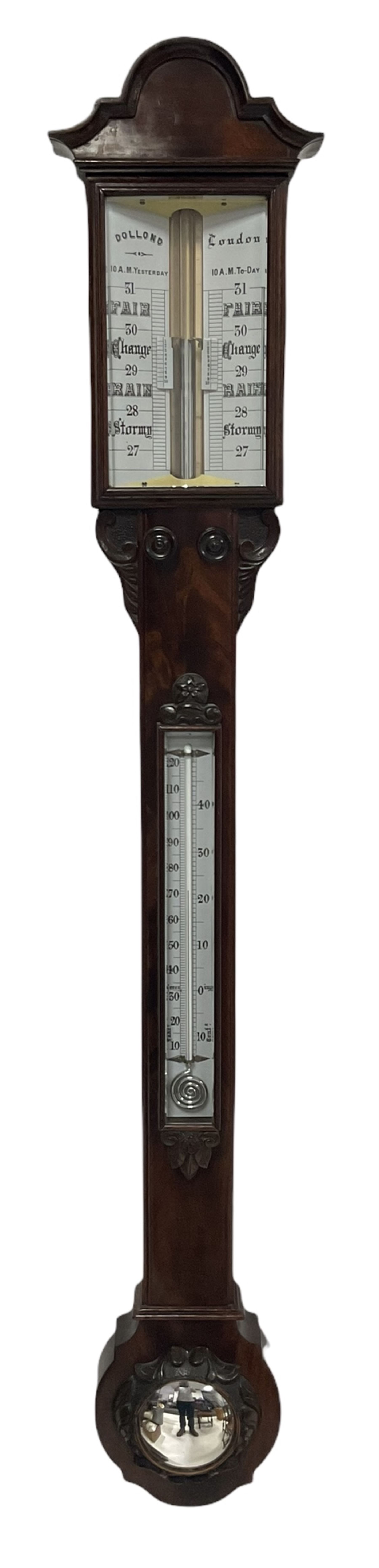 A mid-19th century mercury cistern stick barometer in a mahogany case with a domed and moulded pedim