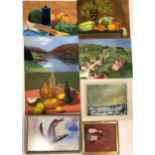 Collection oil and acrylic paintings on board including still life and landscape (framed and unframe
