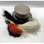 Various Ostrich feather fans and a Moss Bros grey top hat