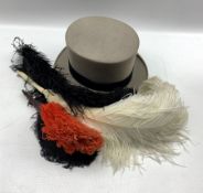 Various Ostrich feather fans and a Moss Bros grey top hat