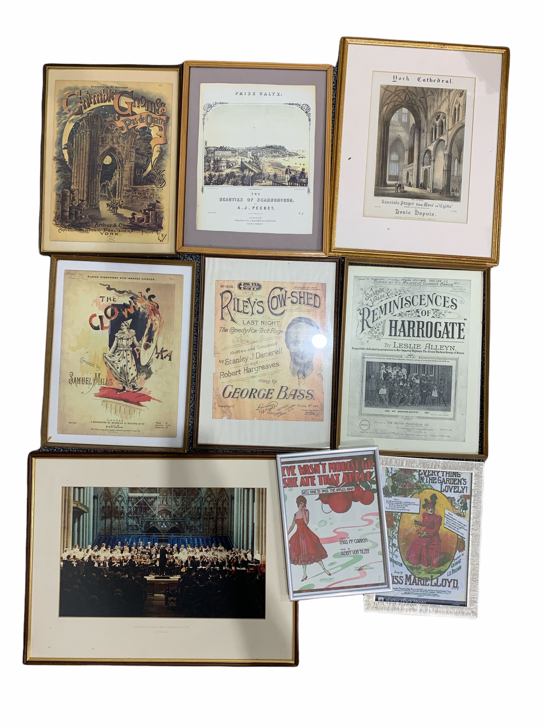 Collection of reproduction sheet music and one Victorian cpover and musical York interest picture (9