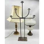 Brass oil lamp with fluted frosted glass shade and similar reservoir