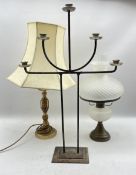 Brass oil lamp with fluted frosted glass shade and similar reservoir