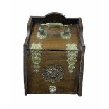 Victorian oak and brass mounted coal scuttle with Queen Victoria embossed strapwork hinges