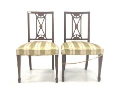 Pair Edwardian inlaid bedroom chairs with upholstered seats and square tapered supports with peg fee