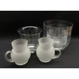 Pair of frosted glass jugs and three large glass vases