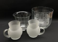 Pair of frosted glass jugs and three large glass vases