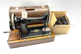 Singer hand sewing machine in oak case with Singer BZK electric motor and foot controller