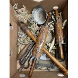 Two Indian carving forks and knives within wooden case