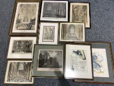 Engravings related to St Marys Abbey and York Minster and other York interest prints (10)