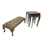 Nest of Walnut occasional tables together with and an Oak tapestry stool with needlework top