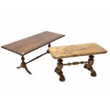 Small figured oak coffee table raised on turned supports and stretcher