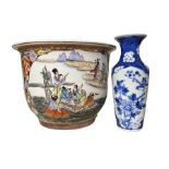 Chinese blue and white Prunus pattern vase and planter and four Satsuma vases