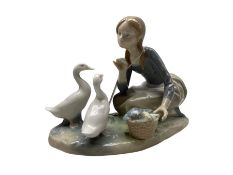 Lladro figure of a girl feeding ducks L22cm