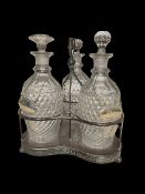 Victorian silver-plated three-bottle decanter stand with greek key decoration