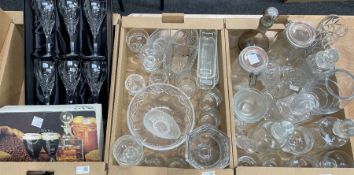 Three boxes of glassware including a set of six cased wine glasses