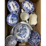 Pair of blue and white sauce tureens with covers and stands
