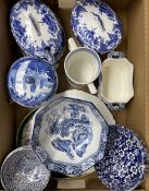 Pair of blue and white sauce tureens with covers and stands