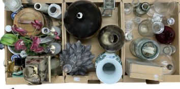 Three boxes of modern decorative items including glass vases