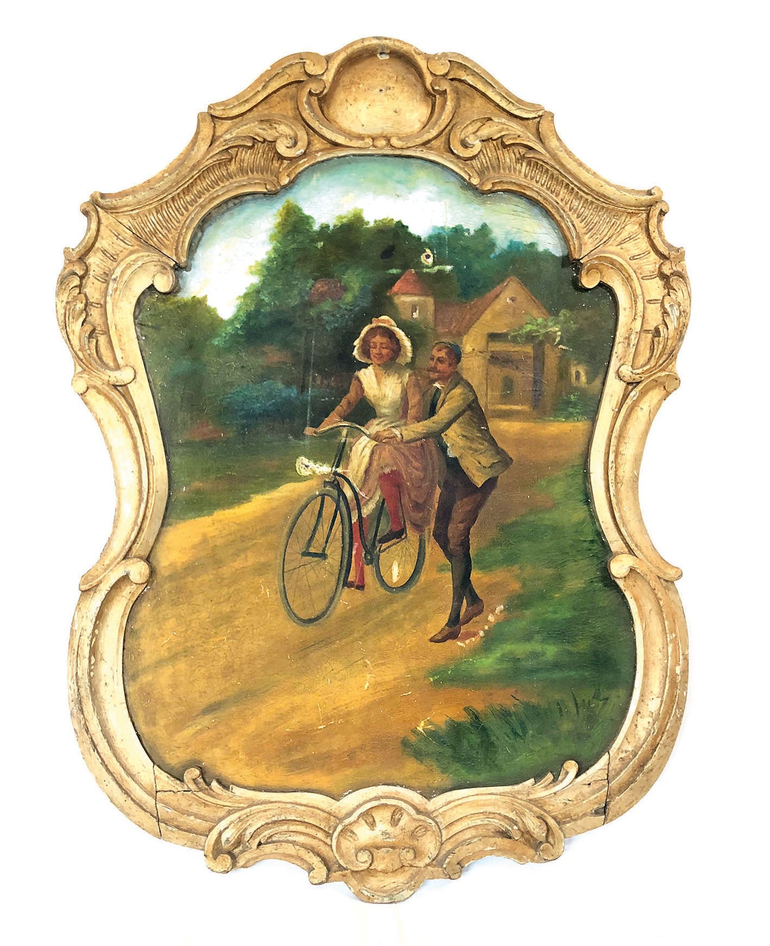 Early 1900s Wooden Fairground Panel with a Painting on Linen