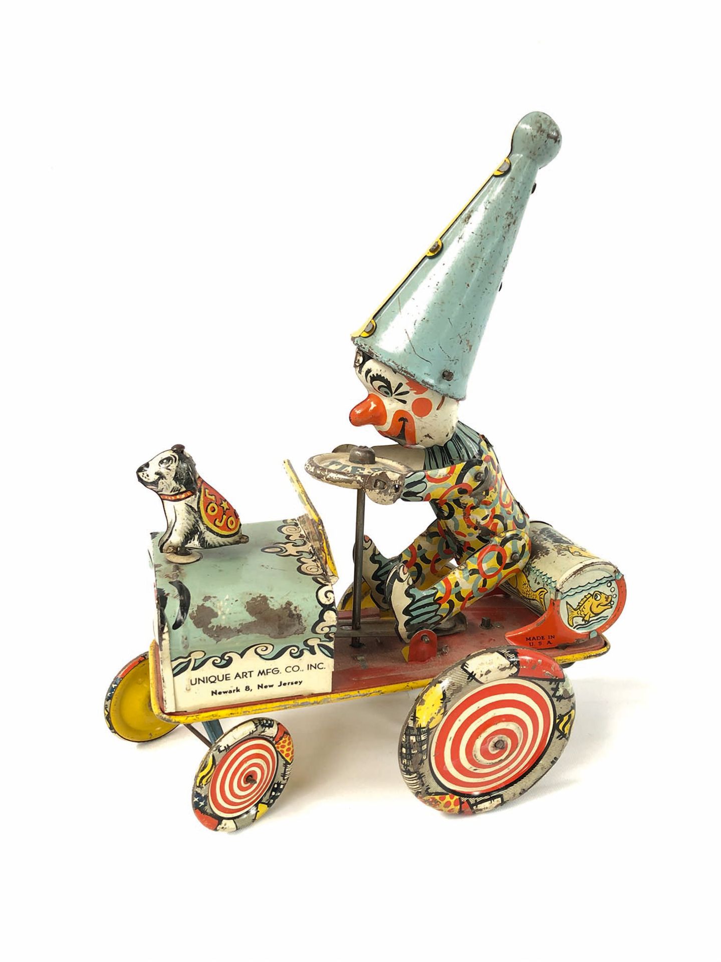 Unique Art Mfg. Co. Tin Clown Cart Toy ca. 1950