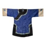A blue silk brocade jacket,with bright flowers on the pale sleeves,mid 20th century  L: 94cm, 69cm