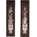A Pair of Wooden Panels, Early 20th Century 62.5 x 15.7cm Inlaid in mother of pearl with vases of