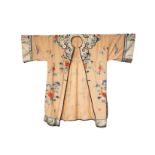 A pale pink robe decorated with flowers,the pale borders well embroidered with peaches ,deer and
