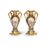 A Good Pair of Ormolu Mounted Famille Rose Batavian Ware Vases, , Yongzheng Period, Qing Dynasty