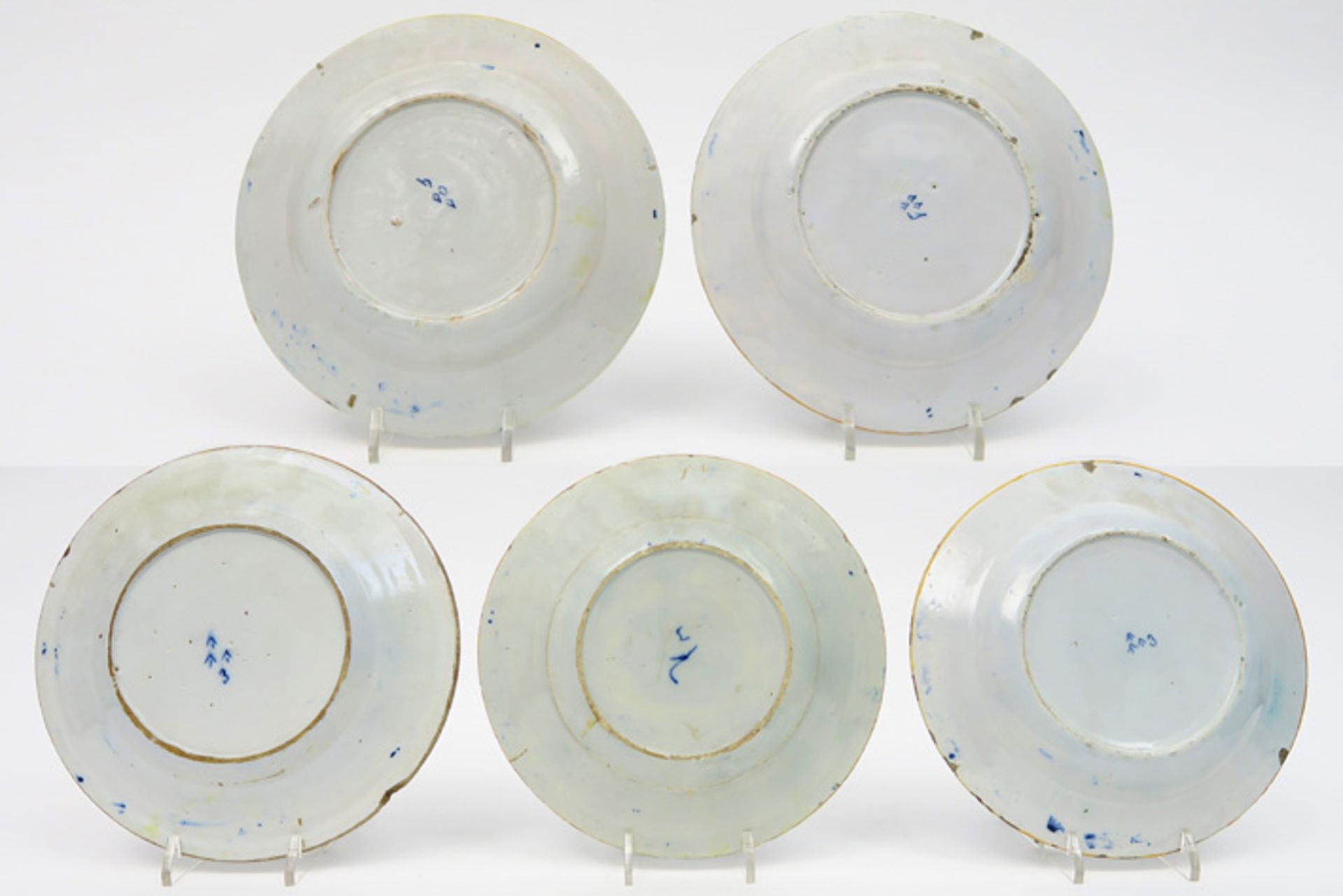 series of five 18th Cent. plates in marked ceramic from Delft with blue-white peacock tail decor - Image 2 of 2
