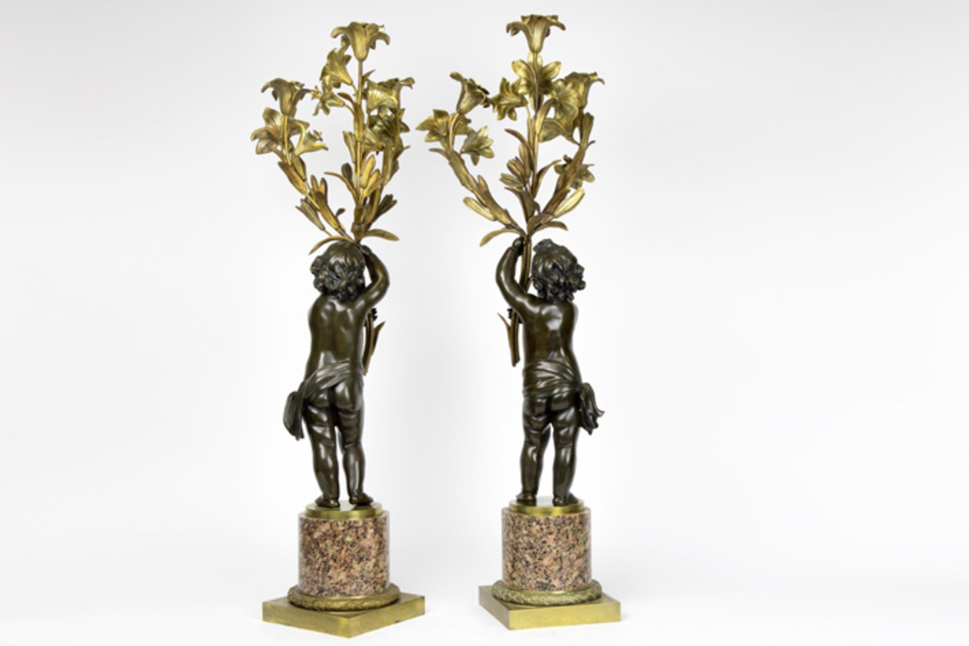 pair of nice 19th Cent. "Cupid" candelabras in partially brown patinated partially gilded bronze - Bild 2 aus 3