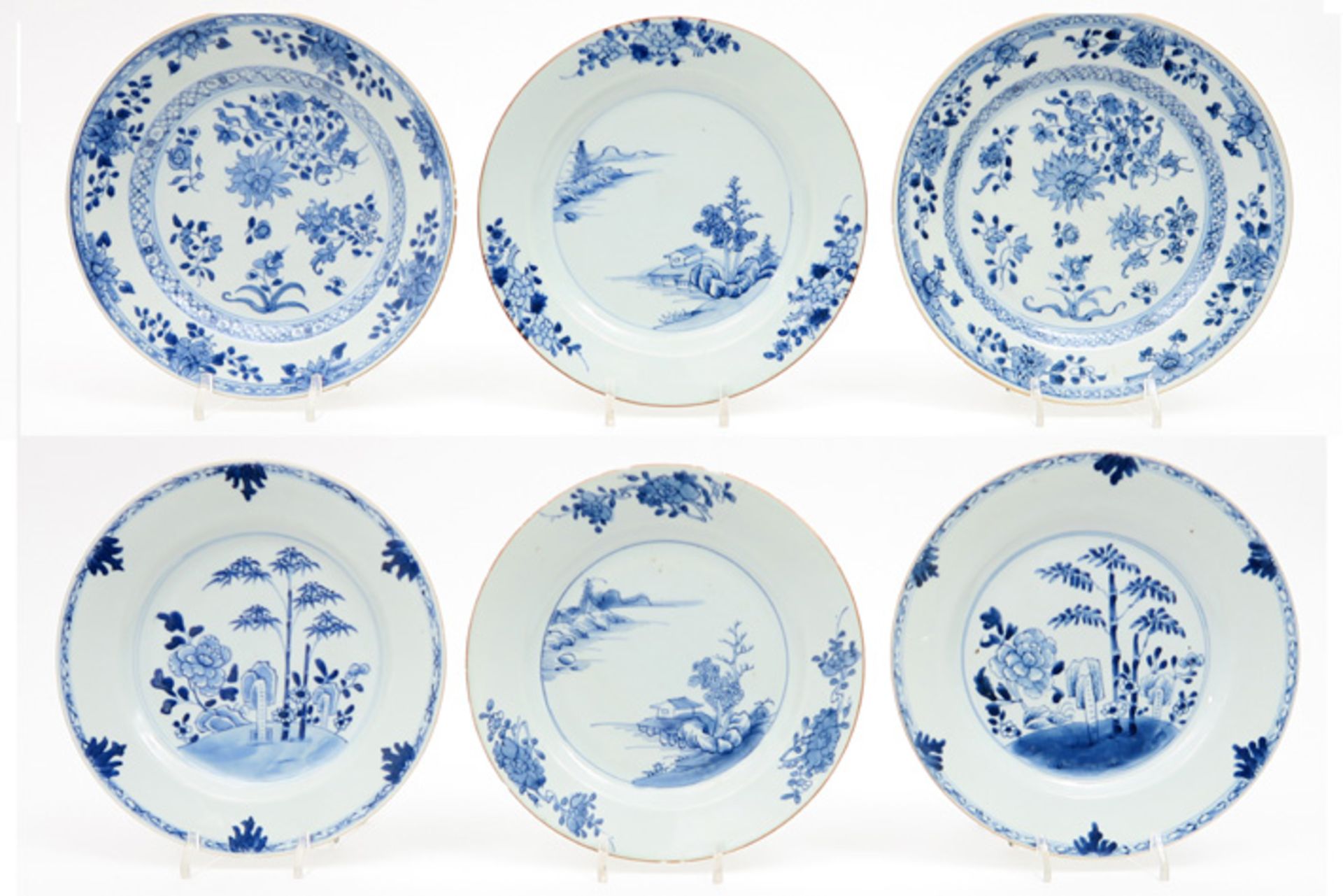 three pairs of 18th Cent. Chinese plates in porcelain with blue-white decor (landscape, flowers,