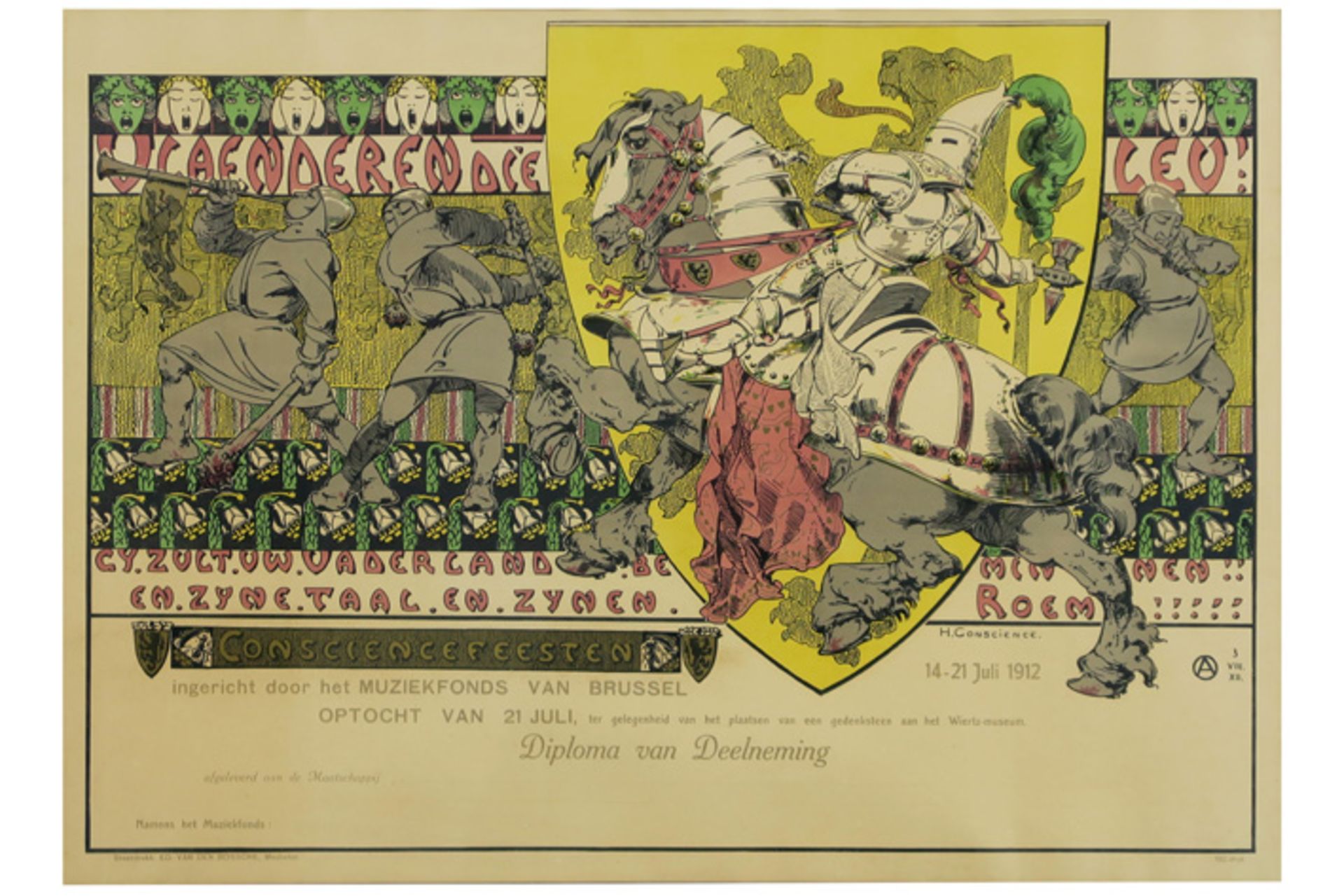 framed lithograph printed in colors / poster for festivities in 1912 - with the monogram of Alfred