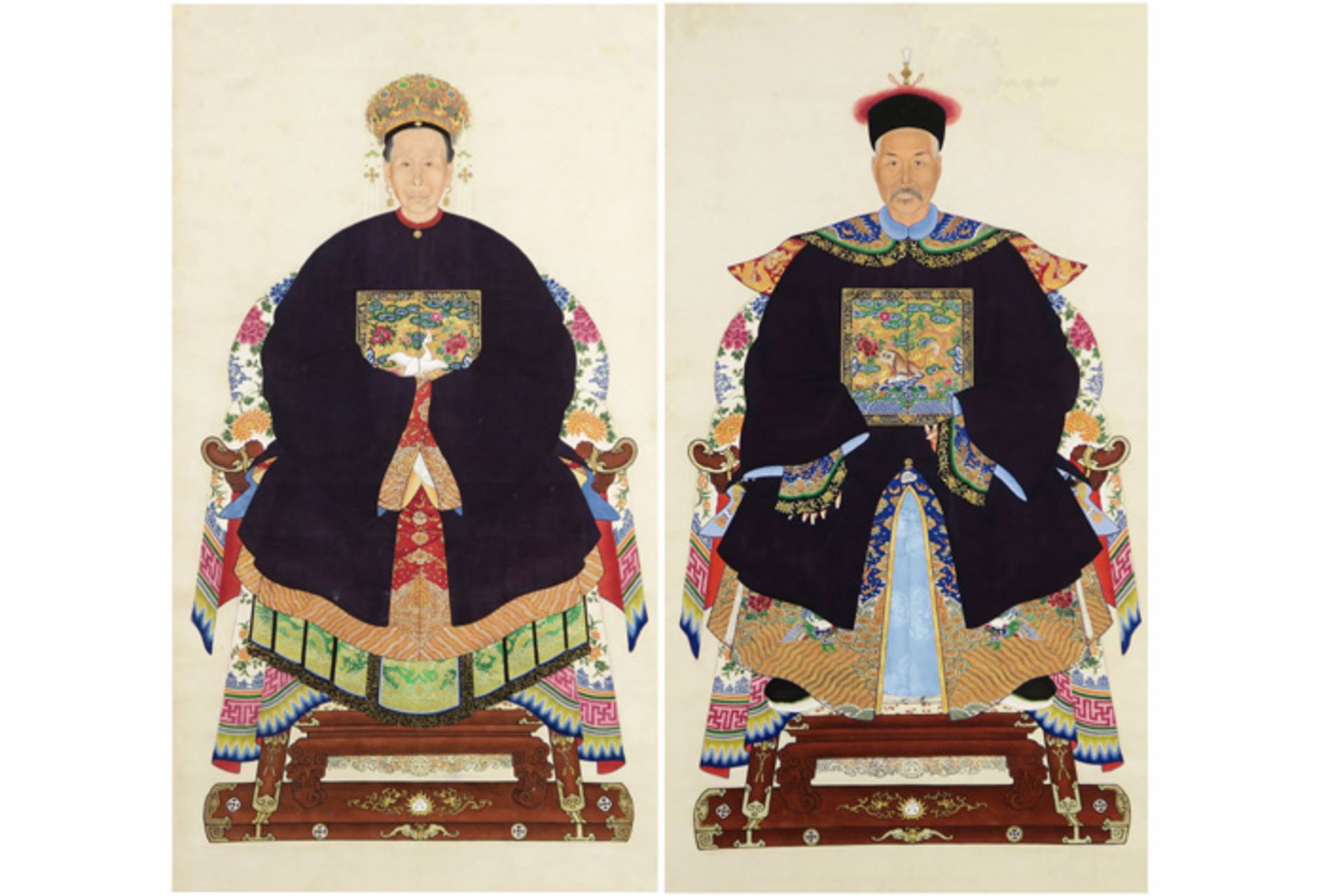 pendant of two Chinese "ancestral portraits" paintings on scroll Pendant Chinese schilderingen (op