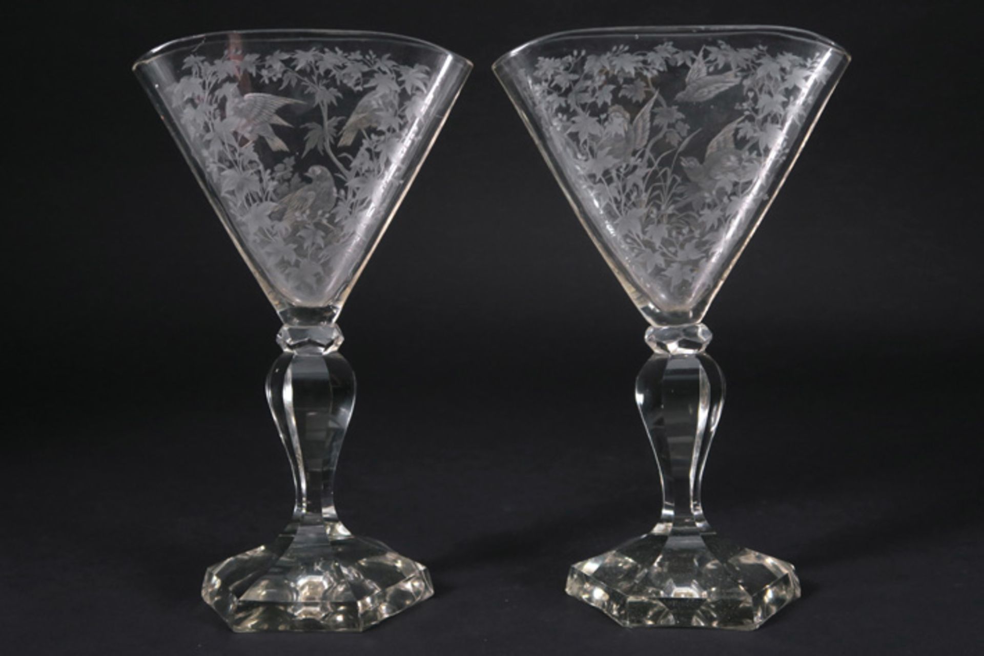 pair of antique probably French vases with a special design in crystal and etched decors with