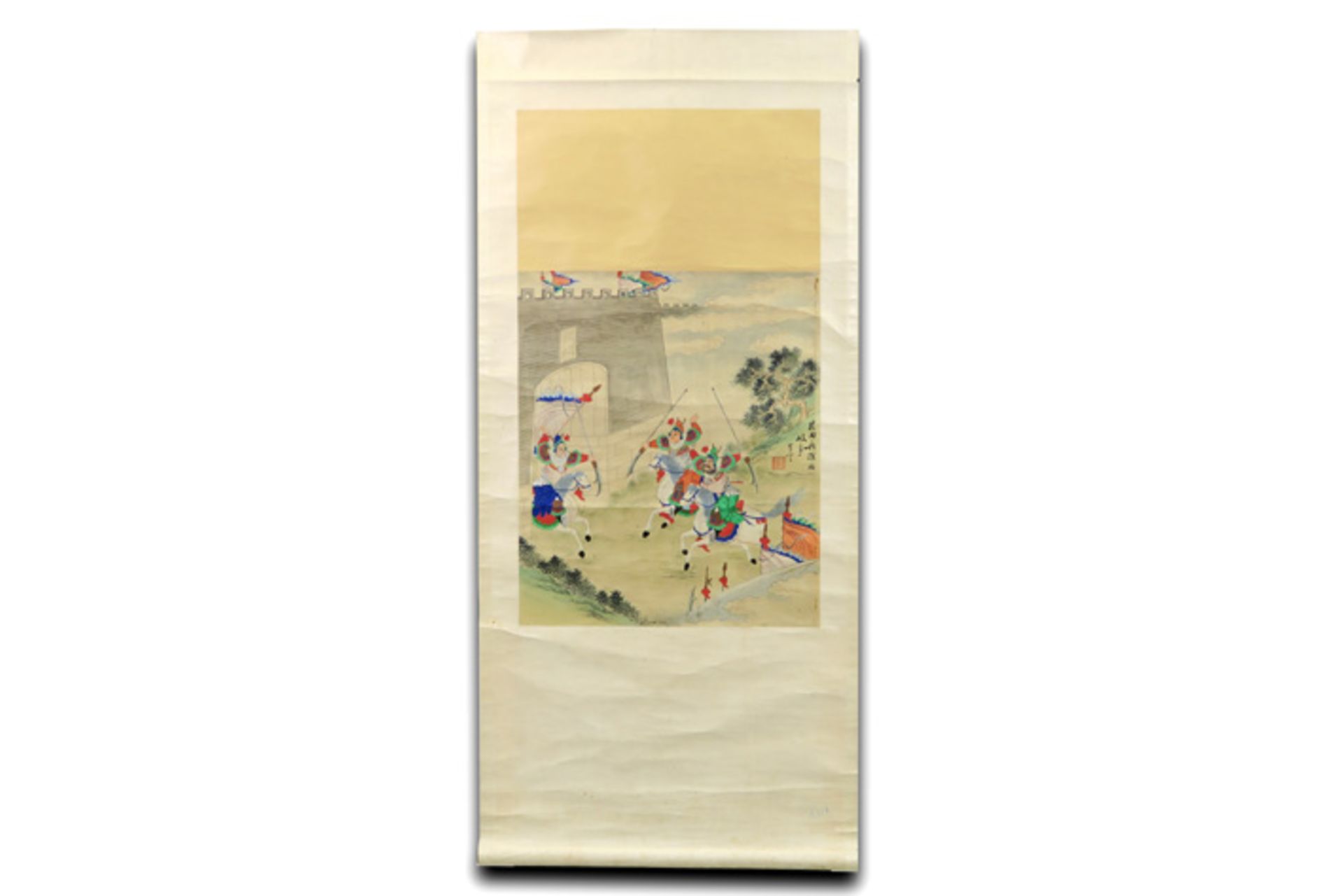 Chinese scroll with a painting of fighting horsemen Chinese scroll schildering : "Aanvallende