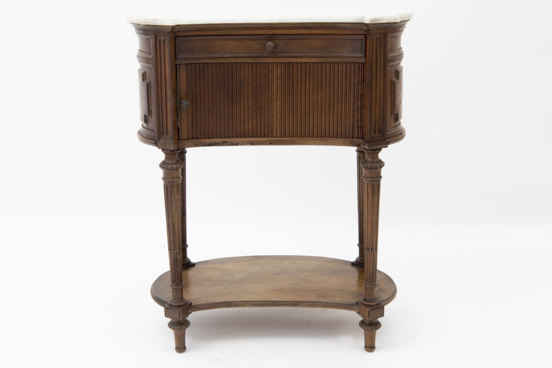 small antique neoclassical side cabinet in walnut with its marble top Klein antiek neoclassicistisch