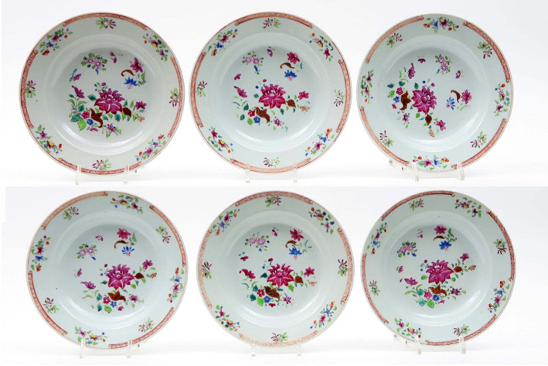 series of six 18th Cent. Chinese plates in porcelain with Famille Rose flowers decor Reeks van zes
