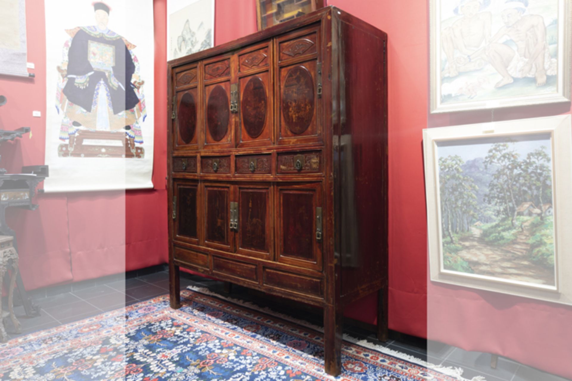 18th/19th Cent. Chinese Qing dynasty cabinet with four drawers and with eight doors, each with - Image 2 of 4