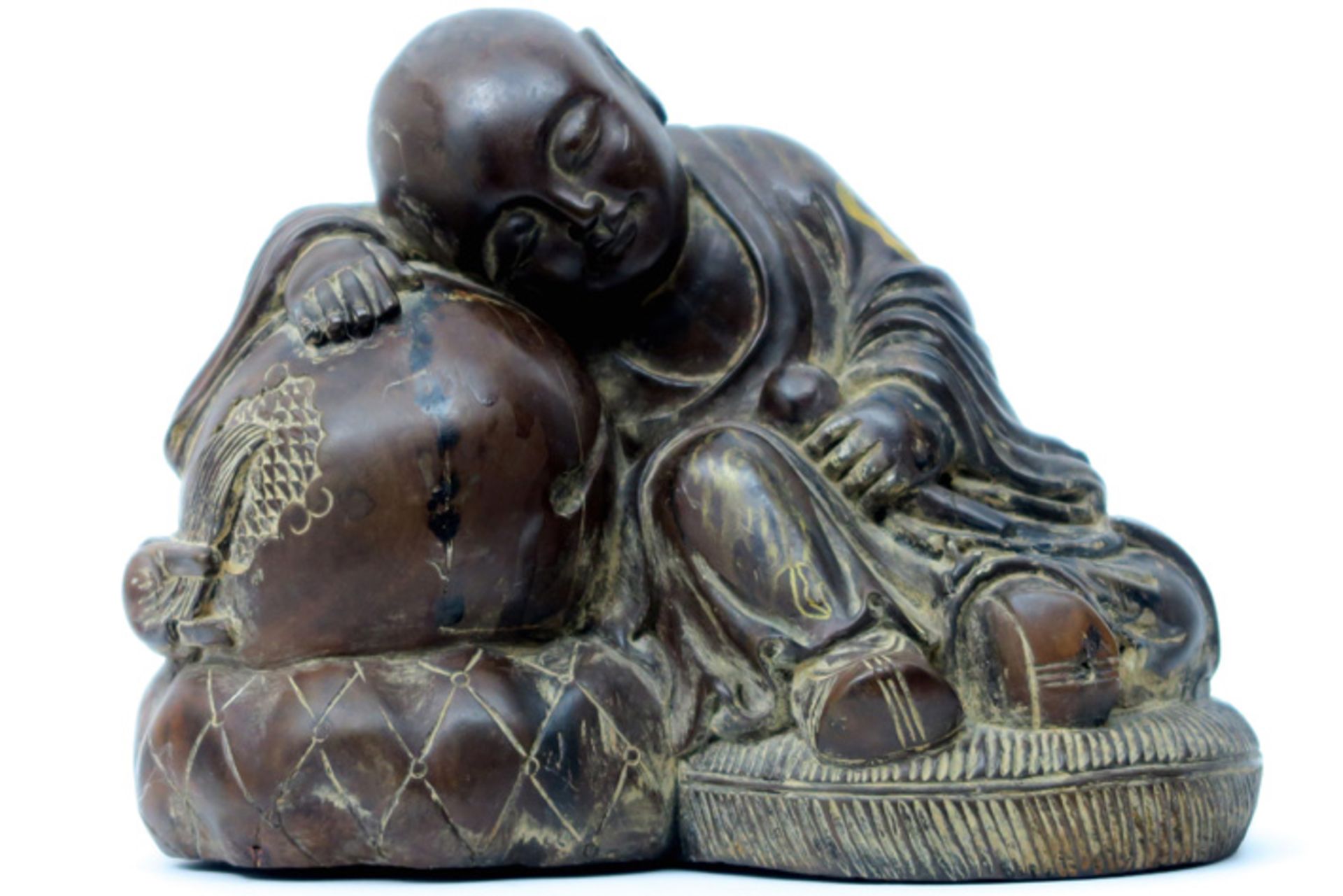 antique oriental "Child" sculpture in wood Antieke Oosterse houtsculptuur : "Zittend kind" - 14,5