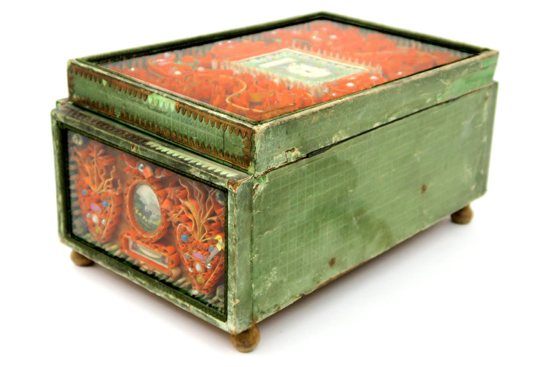 19th "Folk Art" box in painted wood and glass with relics VOLKSKUNST - 19° EEUW kistje in - Bild 5 aus 5