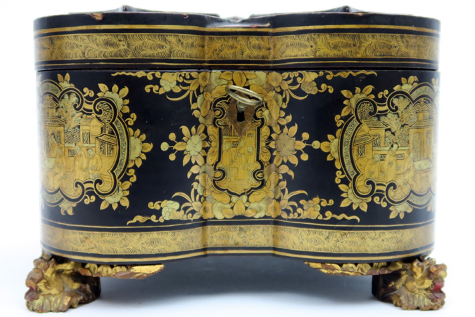 antique four-lobed lacquerware tea box with its original lidded pewter teacaddy Mooie antieke - Image 3 of 4