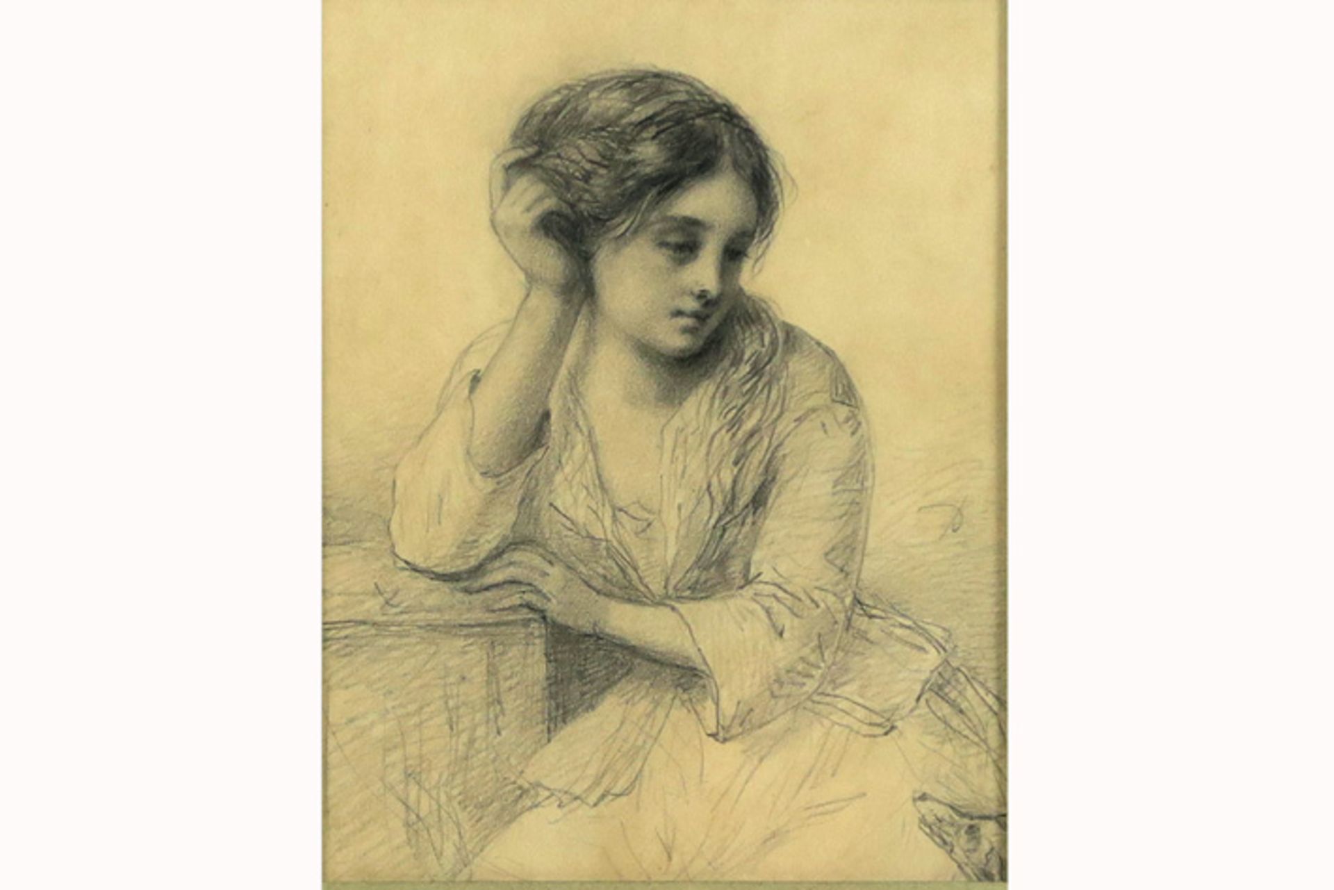 19th Cent. probably French drawing Negentiende eeuwse allicht Franse tekening : "Jong meisje" - 16 x